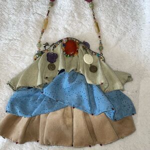 Mary Frances Boho Ruffled designer Handbag Beaded Strap Vintage Coins Decoration